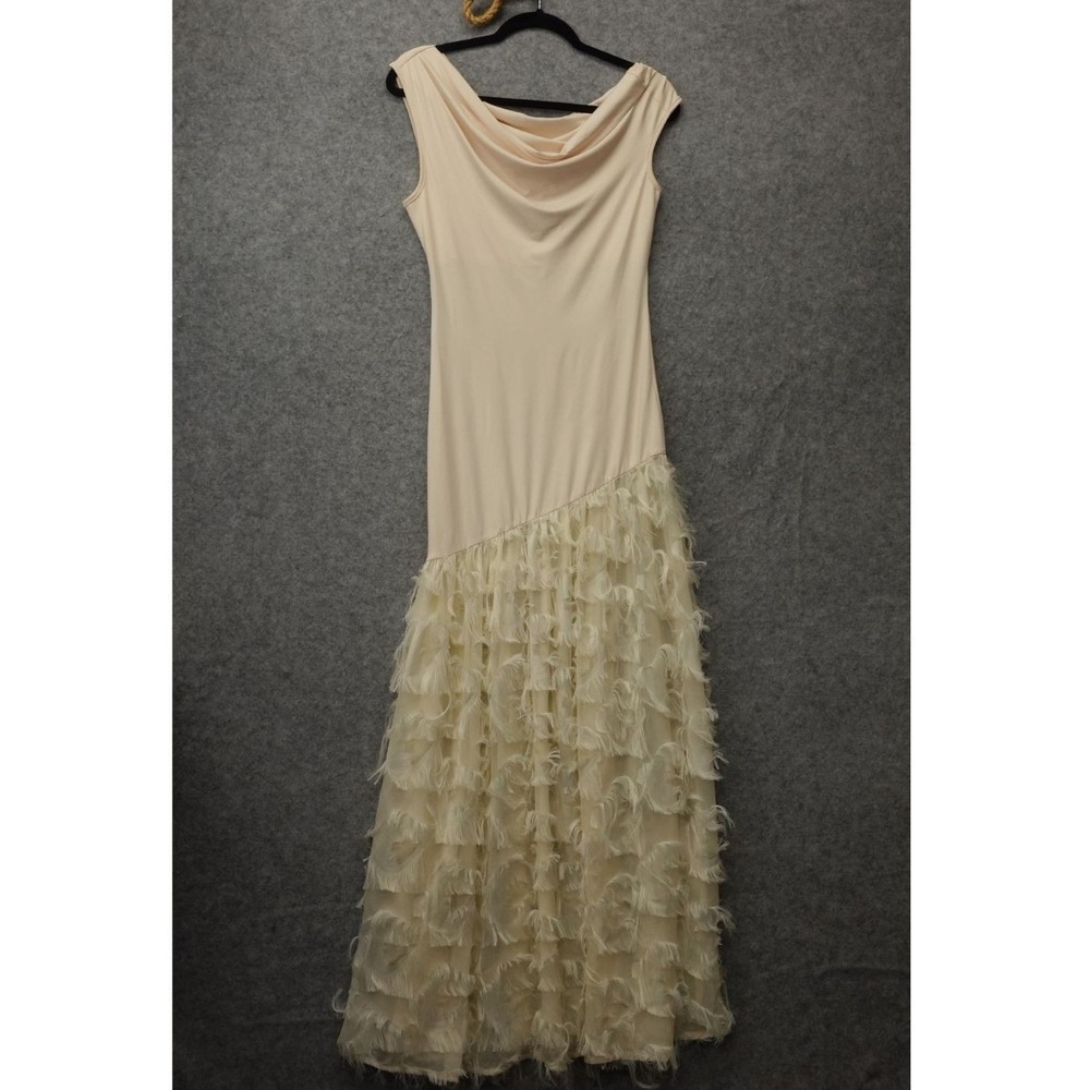 Y2K Whimsy Goddess Maxi Dress Womens S Cream Cocktail Eyelash Fringe Drop Waist